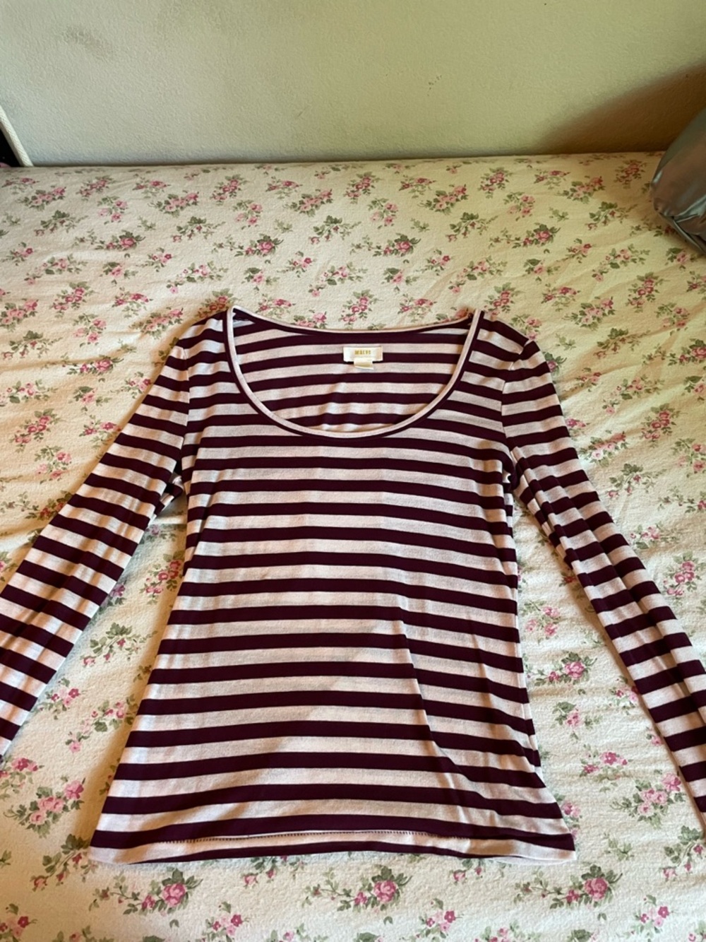 Anthropologie Burgundy and White Striped lightweight Scoop Neck Long Sleeve Top
